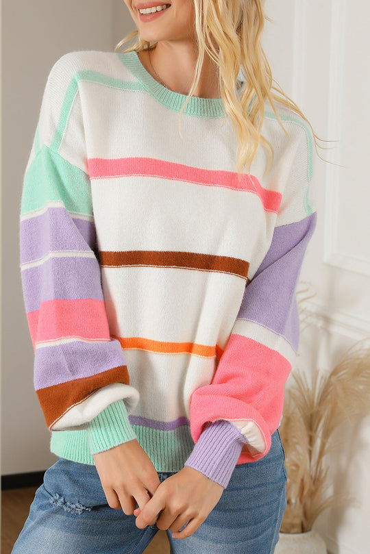 Gestreifter Colorblock Pullover Mit Überschnittenen Schultern