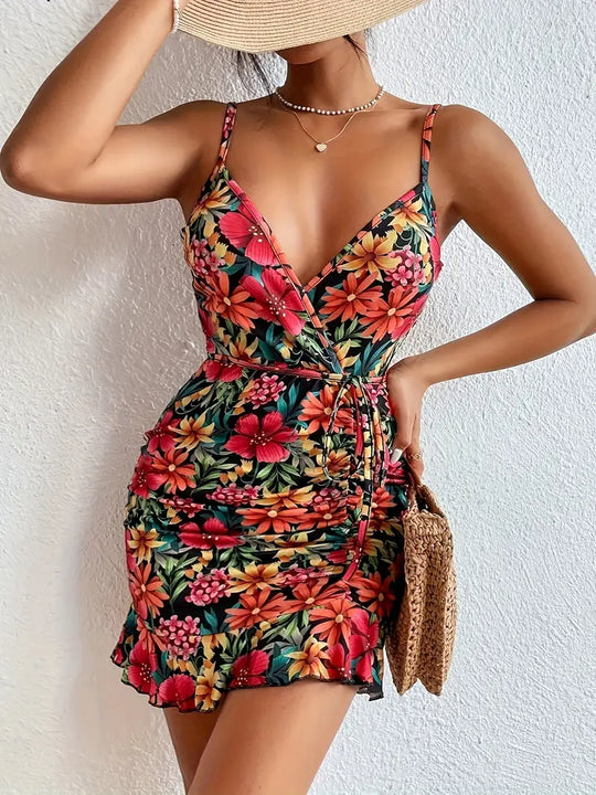 Heidi-Mode | Sommerkleid Spaghetti-Träger Bodycon Fit Raffung & Schleifendetail