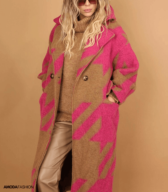 Heidi-Mode | Dicke Wolljacke mit Druck und Taschen