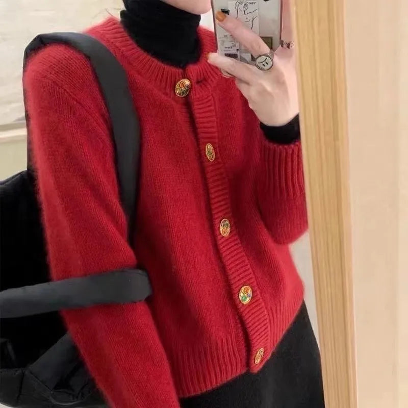 Heidi-Mode | Wolle Gestrickter Geknöpfter Sommer Strickjacke Damen