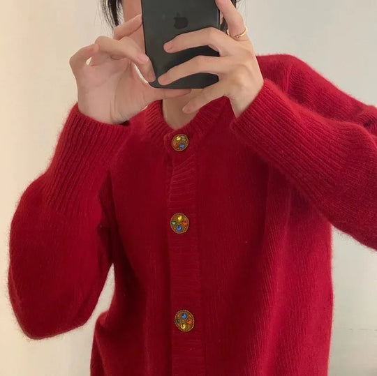 Heidi-Mode | Wolle Gestrickter Geknöpfter Sommer Strickjacke Damen