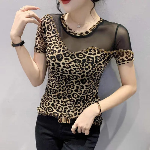 Heidi - Damen Leopard Muster Mesh Top Mit Perlen