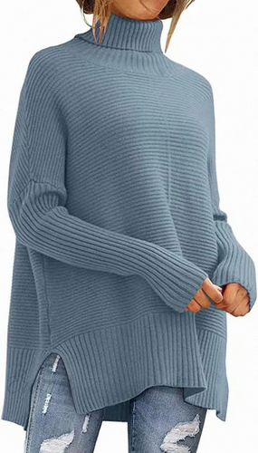 Heidi-Mode | Moderner blauer Schlitz-Turtleneck-Strickpullover mit Fledermausärmeln Ideal für den Winter