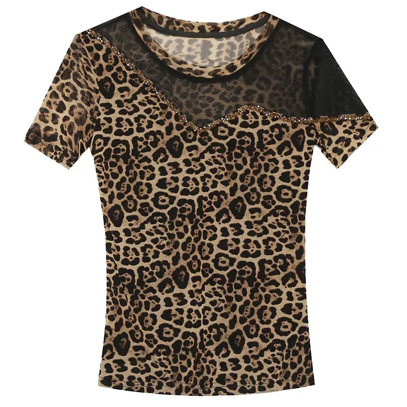 Heidi - Damen Leopard Muster Mesh Top Mit Perlen