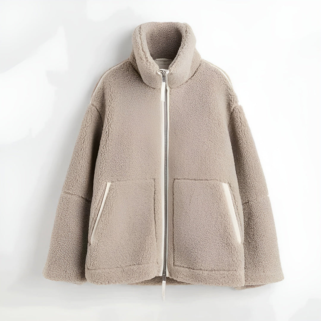 Heidi-Mode | Damen Teddy Fleece Jacke mit Stehkragen, Reißverschluss und Seitentaschen, Lockerer Schnitt