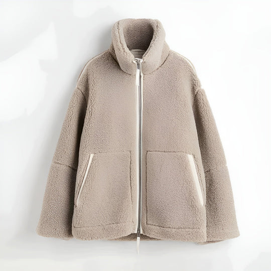 Heidi-Mode | Damen Teddy Fleece Jacke mit Stehkragen, Reißverschluss und Seitentaschen, Lockerer Schnitt