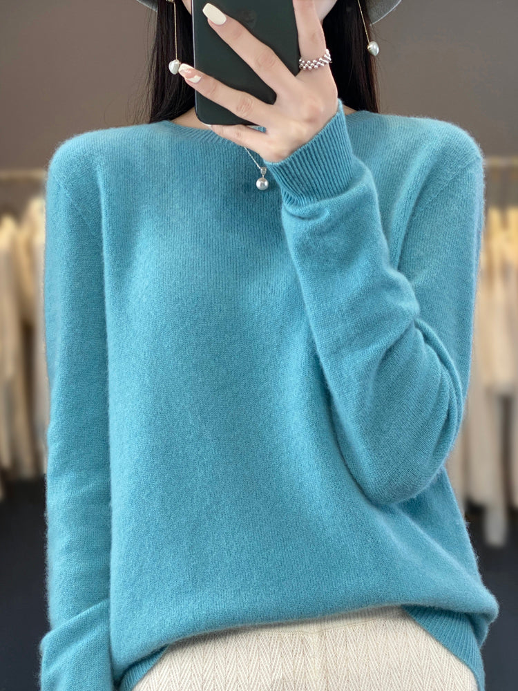 HeidiMode - Blauer Pullover Mit O-Ausschnitt Aus Bequemer Wolle Und Kaschmir