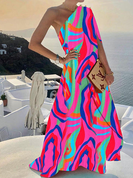 Heidi-Mode | Damen Kleider Eine Schulter Print Schwing Kleid
