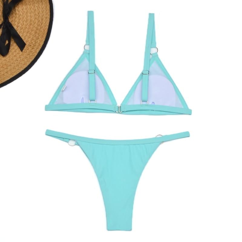 Heidi-Mode Zweiteiliger Bikini-Badeanzug mit goldfarbigen Metallringen und dreieckigen Körbchen