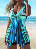 Heidi-Mode | Gestreifter V-Ausschnitt Tankini mit Fließendem Design für Damen