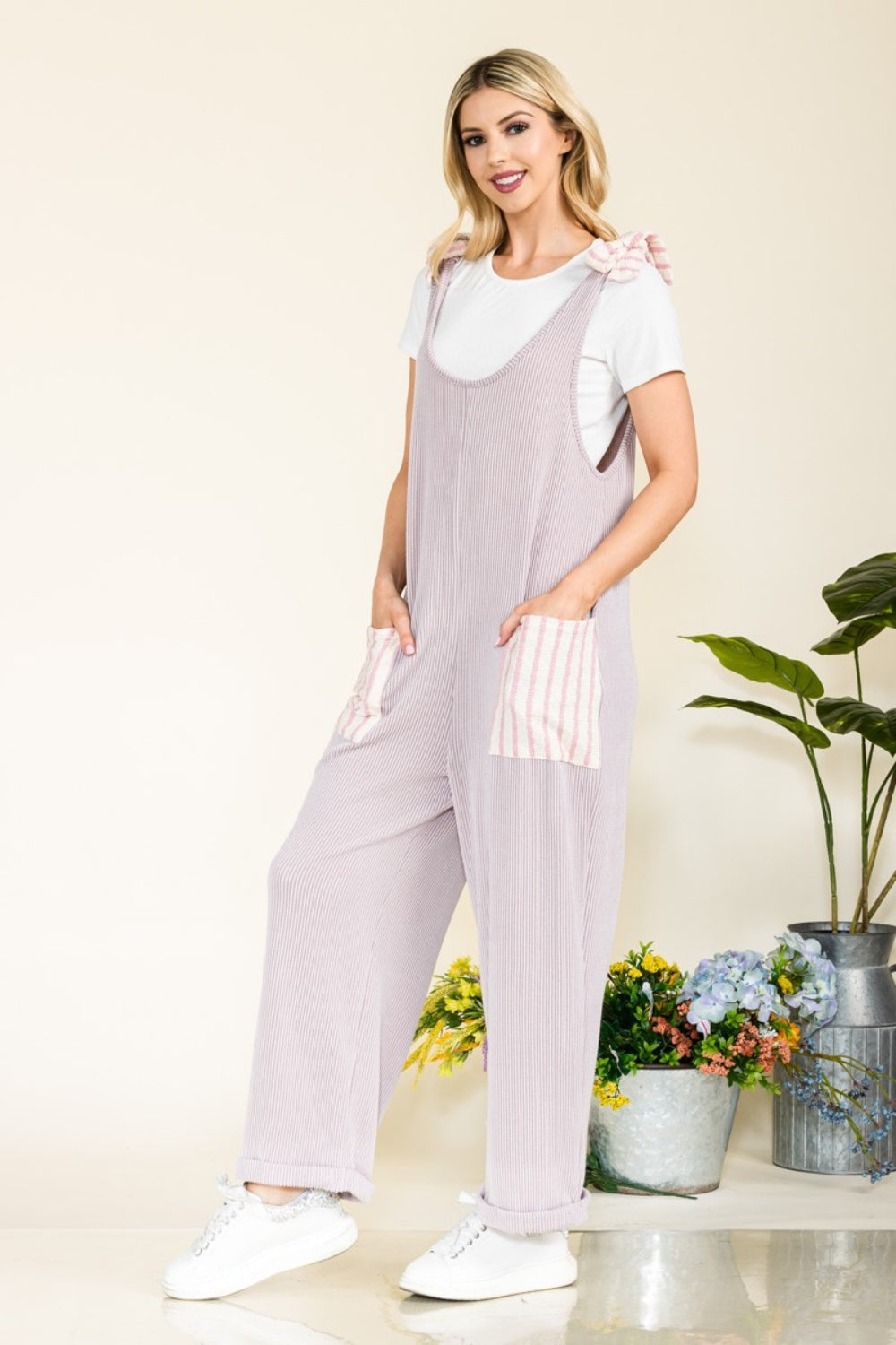Heidi-Mode | Celeste Full Size Streifen Kontrast Tasche Rippen Overall