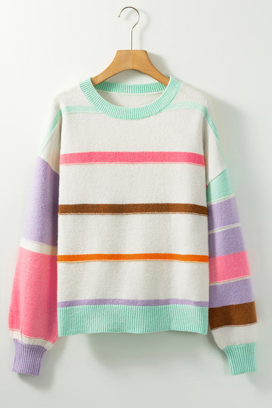 Gestreifter Colorblock Pullover Mit Überschnittenen Schultern