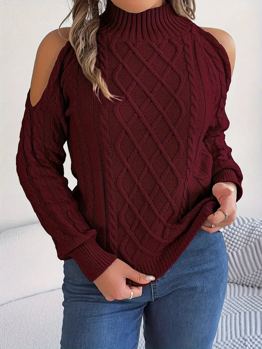 Heidi-Mode | Twist Lässiger Rollkragenpullover Mit Kalten Schultern Aus Kabelstrick