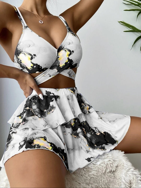 Heidi Mode | Dreiteiliges Bikini-Set mit Marmordruck