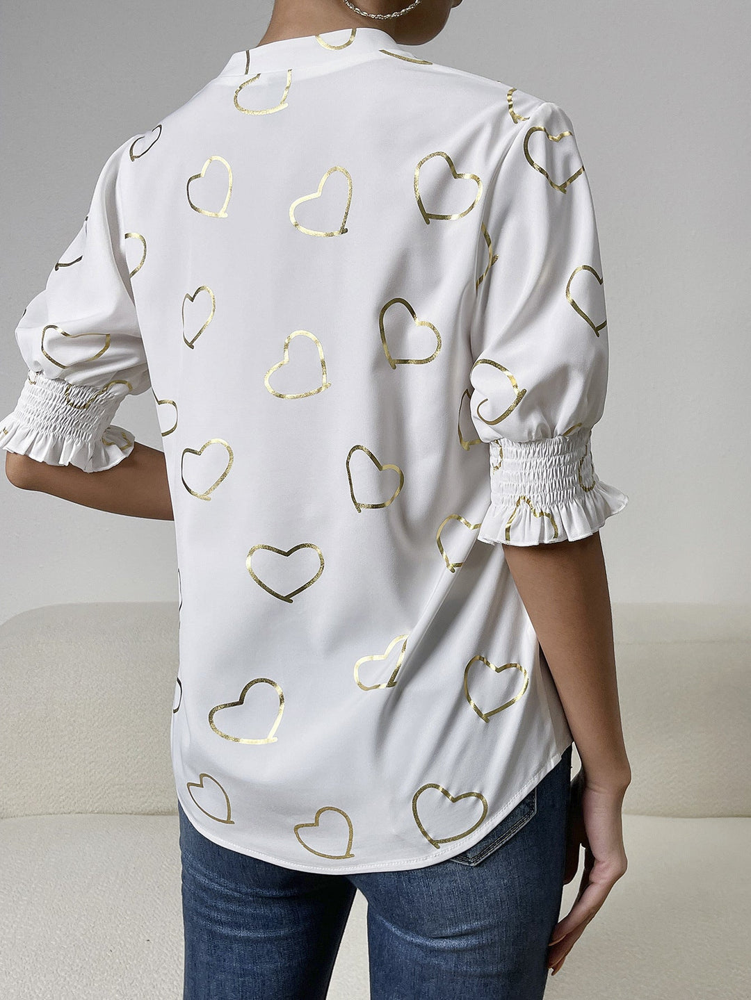 Heidi-Mode | Herzdruck Notched Neck Halbarm Bluse