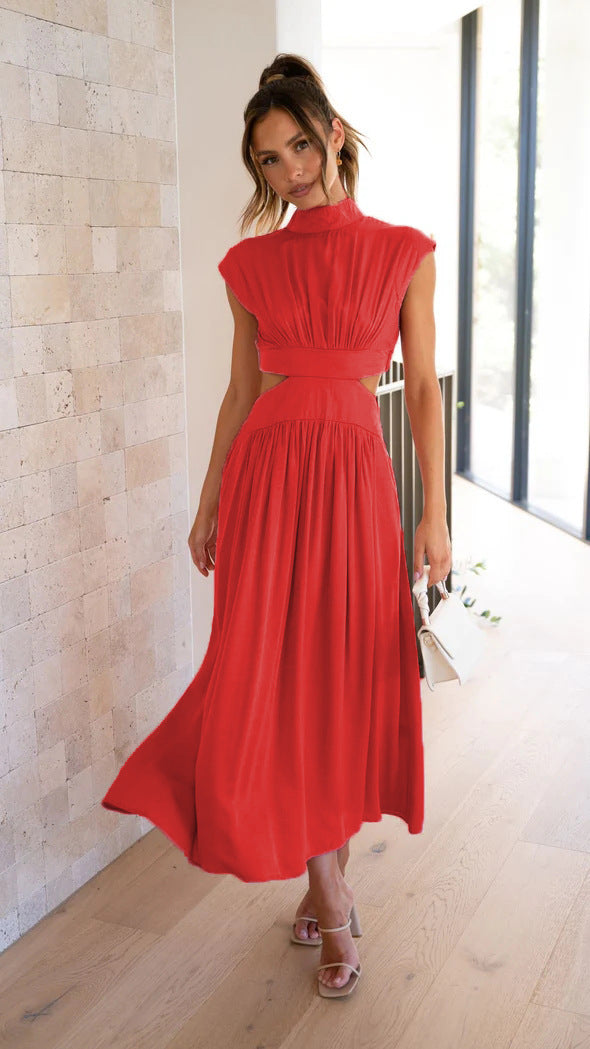 Heidi-Mode | Sommerliche Midikleid mit Hohem Kragen In Soliden Farben