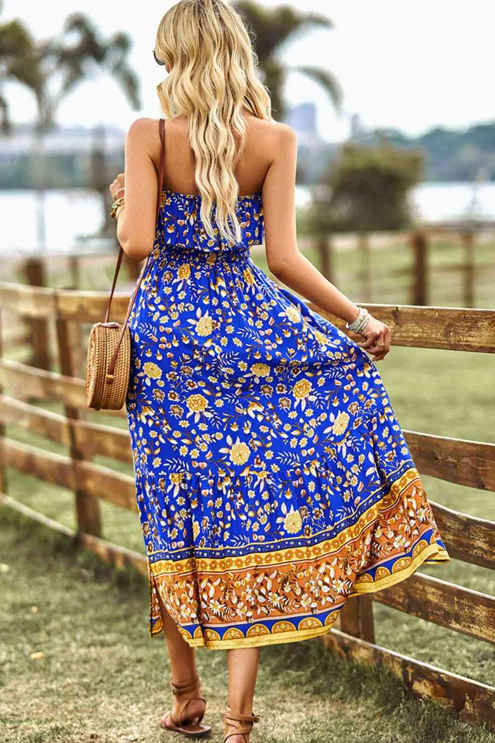 Heidi-Mode | Bohemian Strapless Schlitz Midi Kleid
