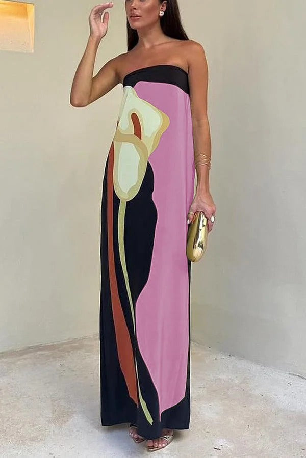 Heidi-Mode | Jaime Abstrakter Floralprint Elastischer Off-Shoulder Urlaub Locker Maxi Kleid