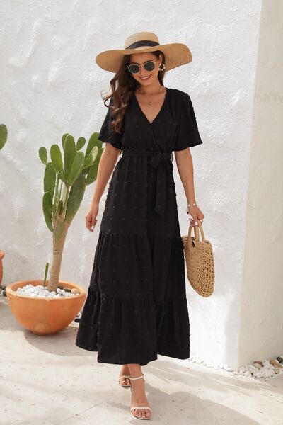 Heidi-Mode | Swiss Dot Gebunden Surplice Kurzarmkleid