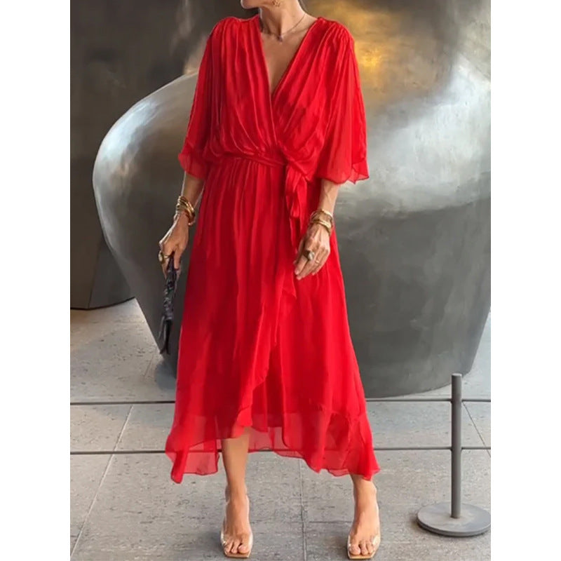 Heidi-Mode | V-Ausschnitt Sommerkleid mit Fledermausärmeln Im Unifarben Design