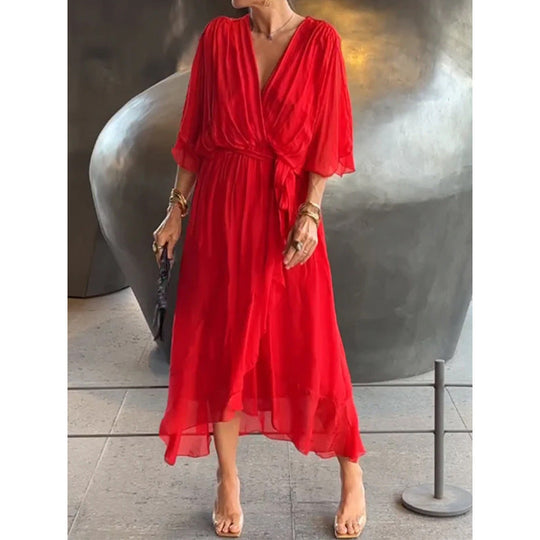 Heidi-Mode | V-Ausschnitt Sommerkleid mit Fledermausärmeln Im Unifarben Design