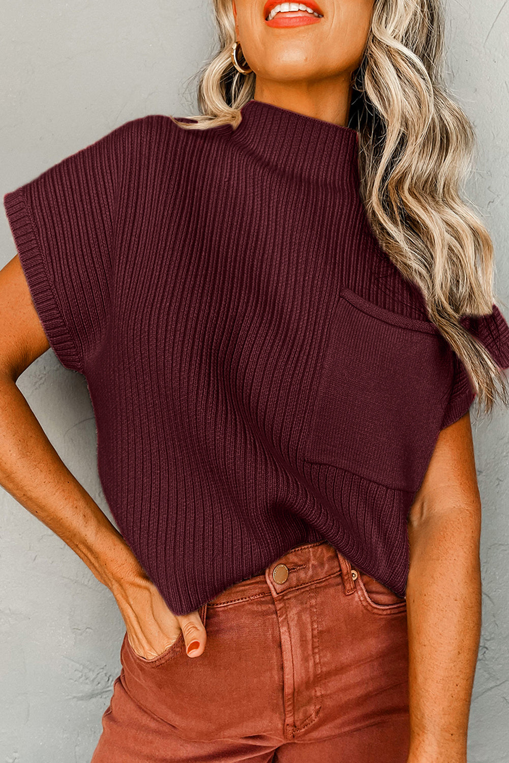 Red Patch Pocket Ribbed Knit Short Sleeve Pullover