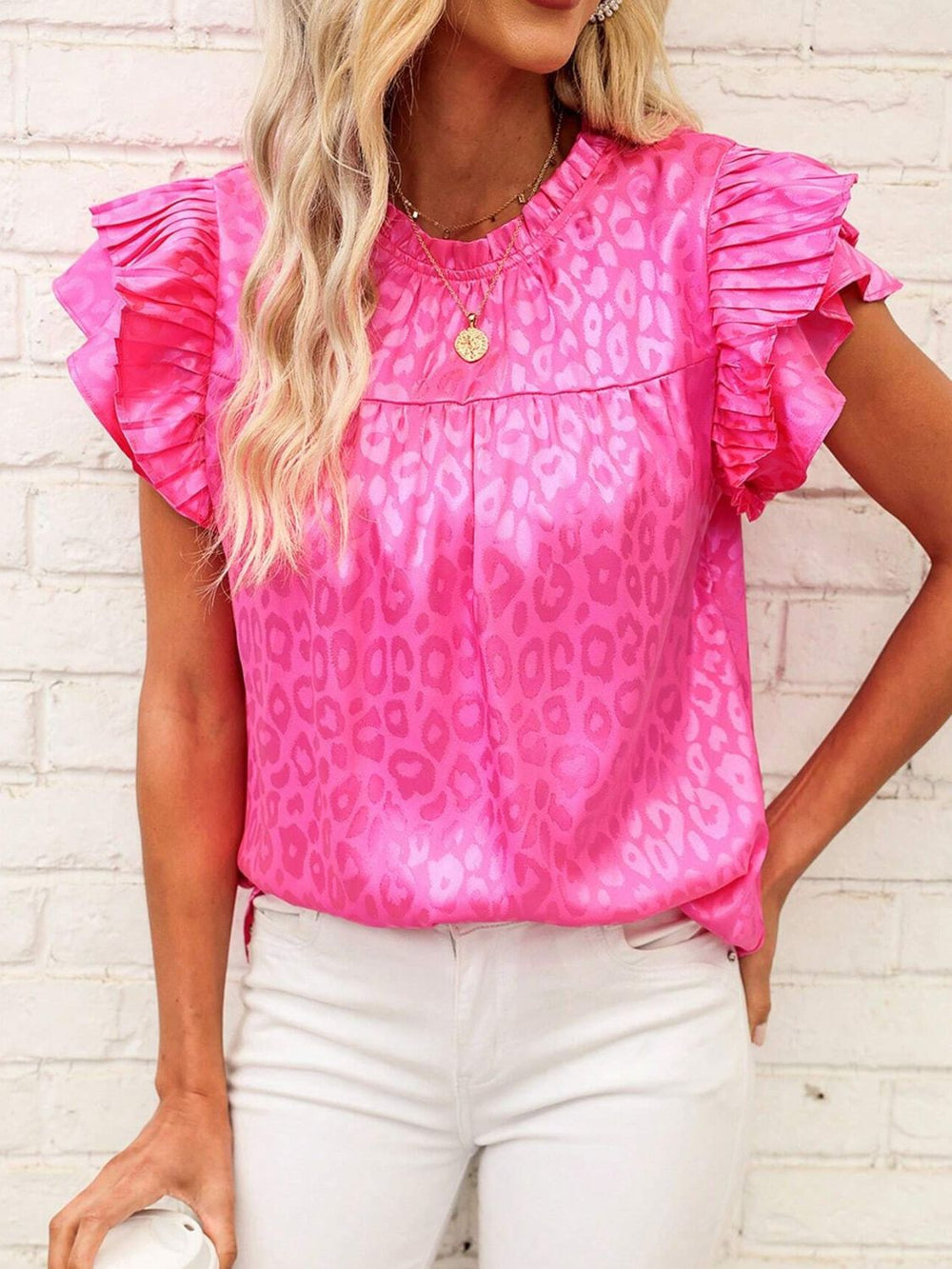 Heidi-Mode | Leopard Frill Mock Neck Rüschenshirt mit Cap Sleeves