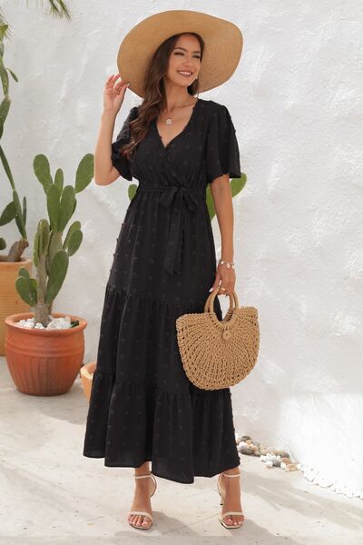 Heidi-Mode | Swiss Dot Gebunden Surplice Kurzarmkleid
