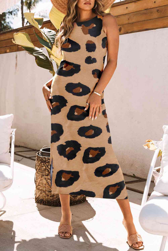 Heidi-Mode | Leoparden Rundhals Ärmelloses Midi-Kleid