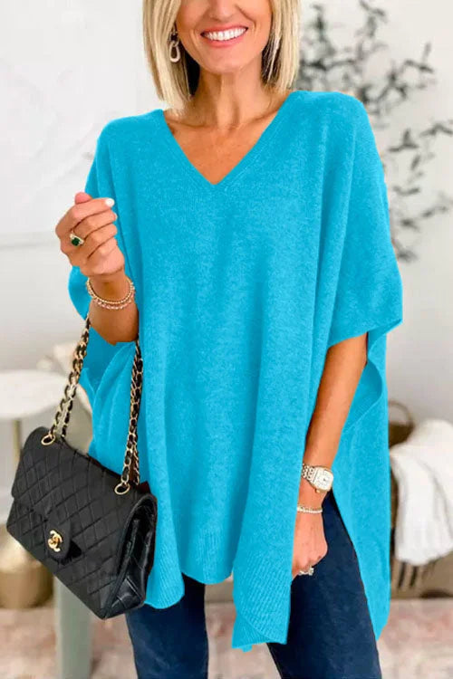 Heidi-Mode | V-Ausschnitt Poncho Pullover mit elegantem lockeren Schnitt
