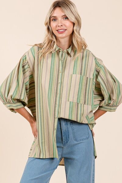 Heidi-Mode | Gestreiftes Blusenhemd mit Puffärmeln und Knopfleiste