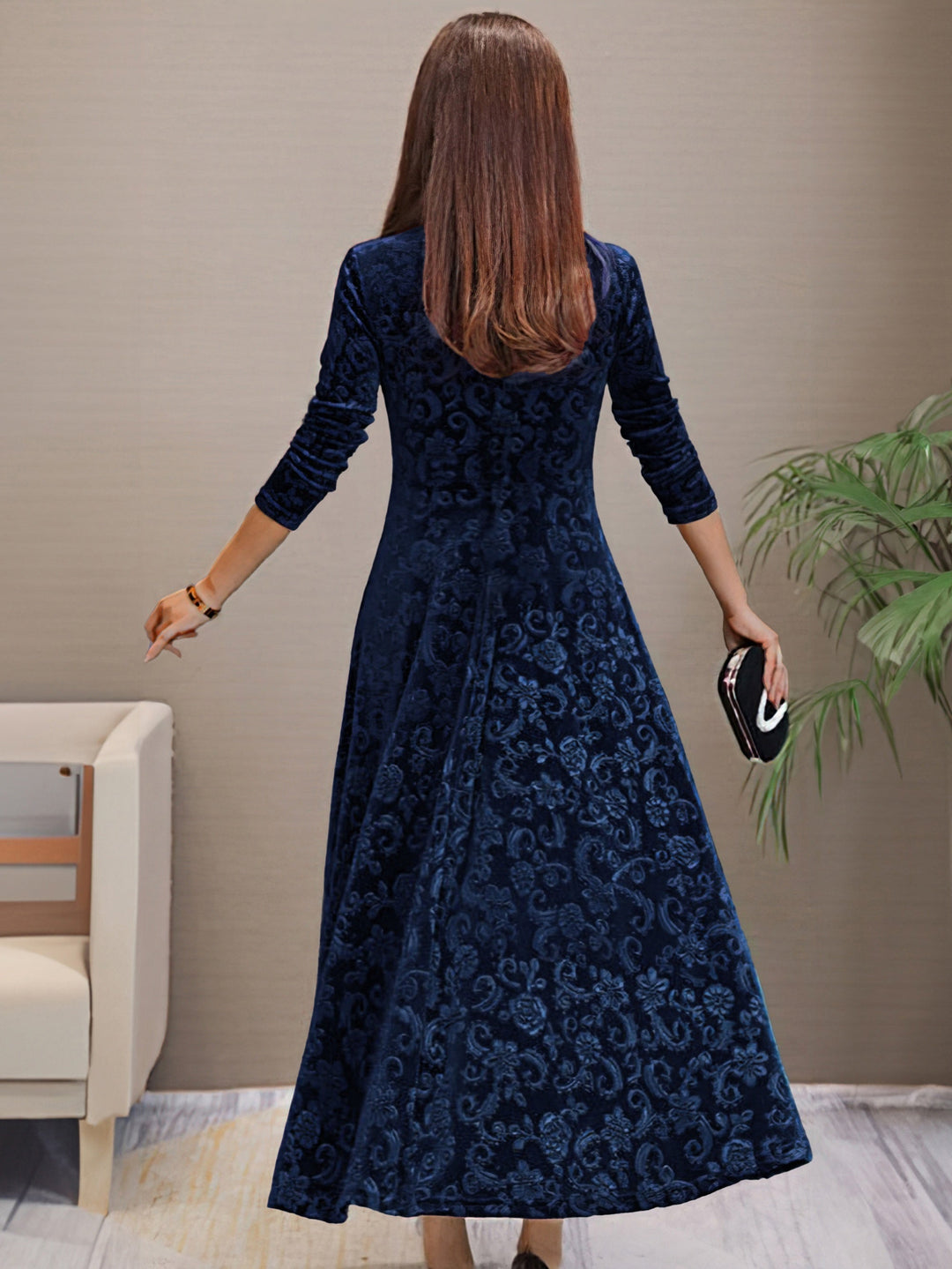 Heidi-Mode | Stilvolles Samtkleid mit Blumenmuster, V-Ausschnitt und Langen Ärmeln für Damen Ideal für Den Sommer