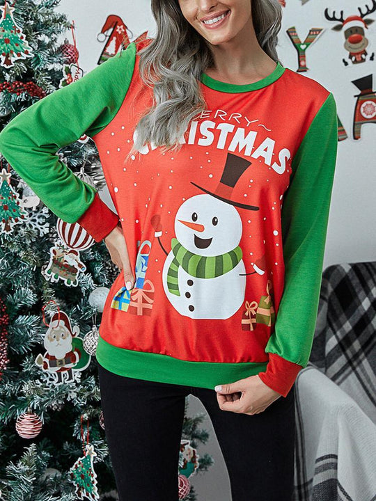 Heidi-Mode | Weihnachtsdesign Splicing Langarm-T-Shirt