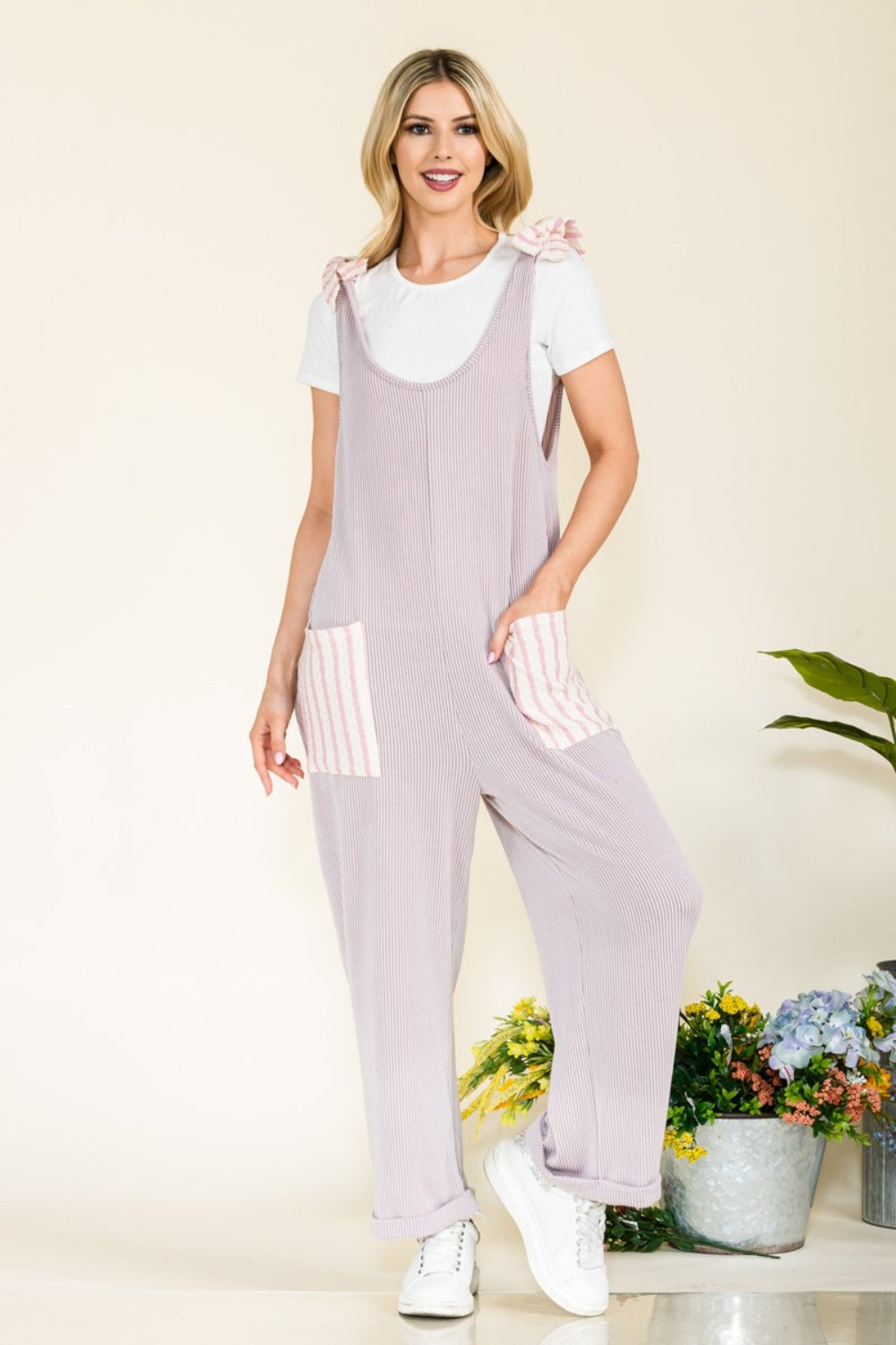 Heidi-Mode | Celeste Full Size Streifen Kontrast Tasche Rippen Overall
