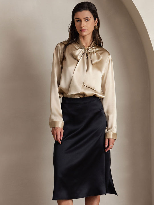 Heidi-Mode | Damen Elegante Seidenbluse mit Schlipskragen und Langen Ärmeln
