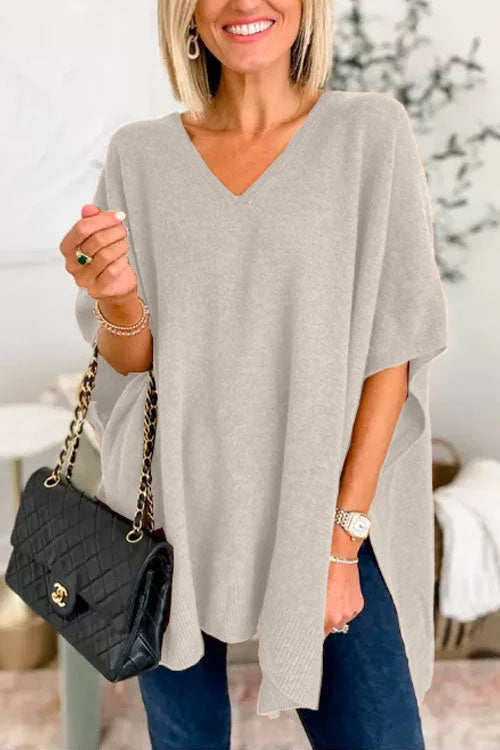 Heidi-Mode | V-Ausschnitt Poncho Pullover mit elegantem lockeren Schnitt