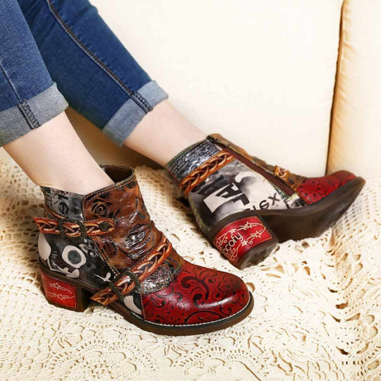 Heidi-Mode | Leder Spliced Niedrig Heel Stiefeletten
