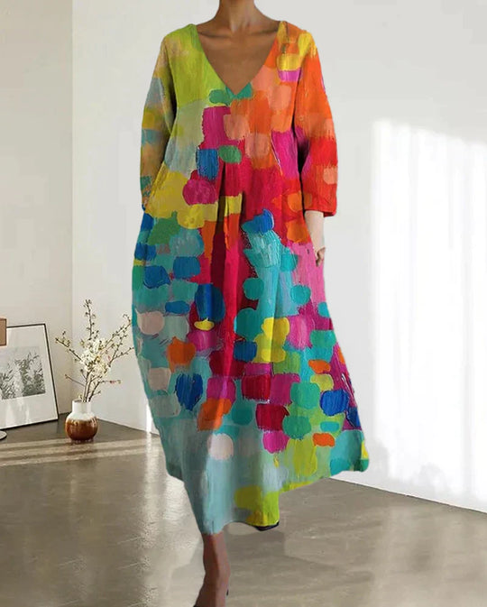 Heidi-Mode | Buntes Midikleid mit V-Ausschnitt