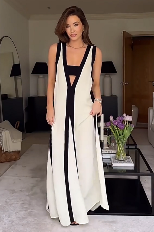 Heidi-Mode | Deep V Neck Rückenfreies Colorblock Maxi Tankkleider-Beige