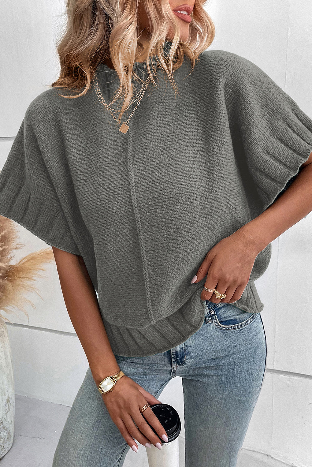 Grey Mock Neck Batwing Kurzarm-Strickpullover