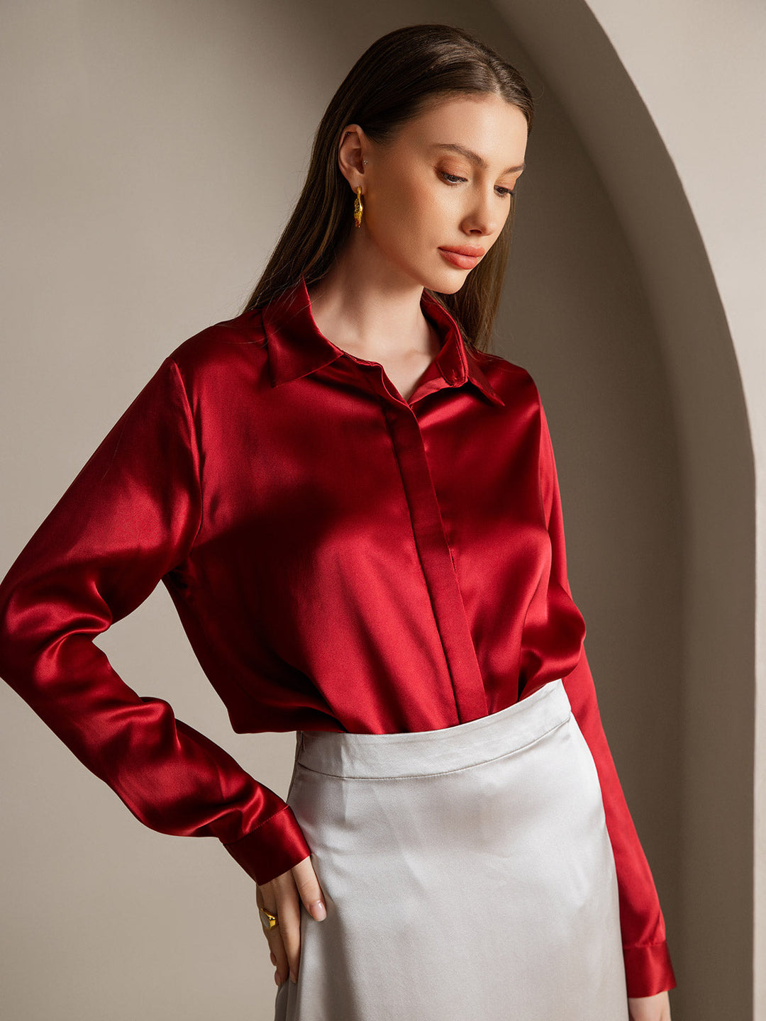 Heidi-Mode | Damen Klassische Seide Langarmshirt