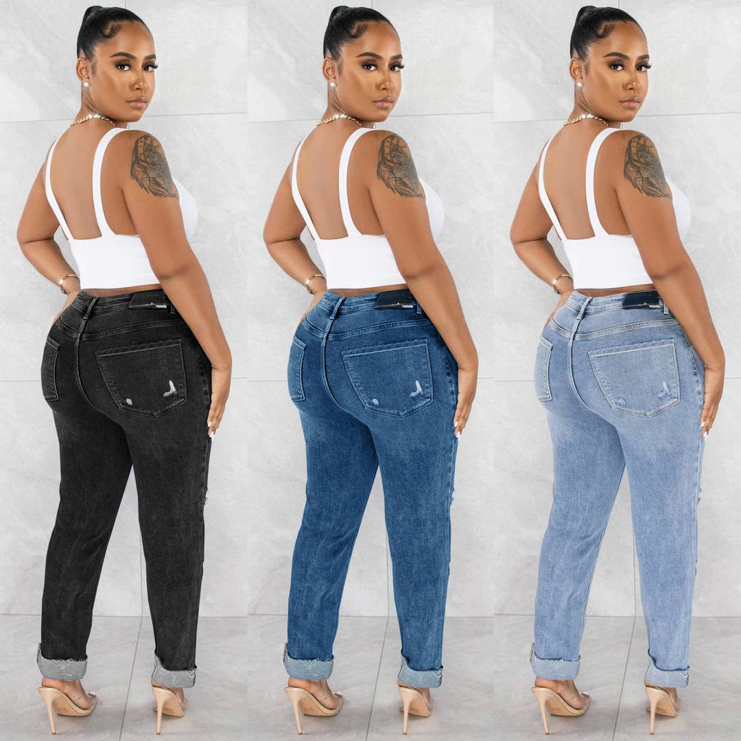 Heidi-Mode | Jeans Damen Ripped Diagonal Buckle Stretch Jeans