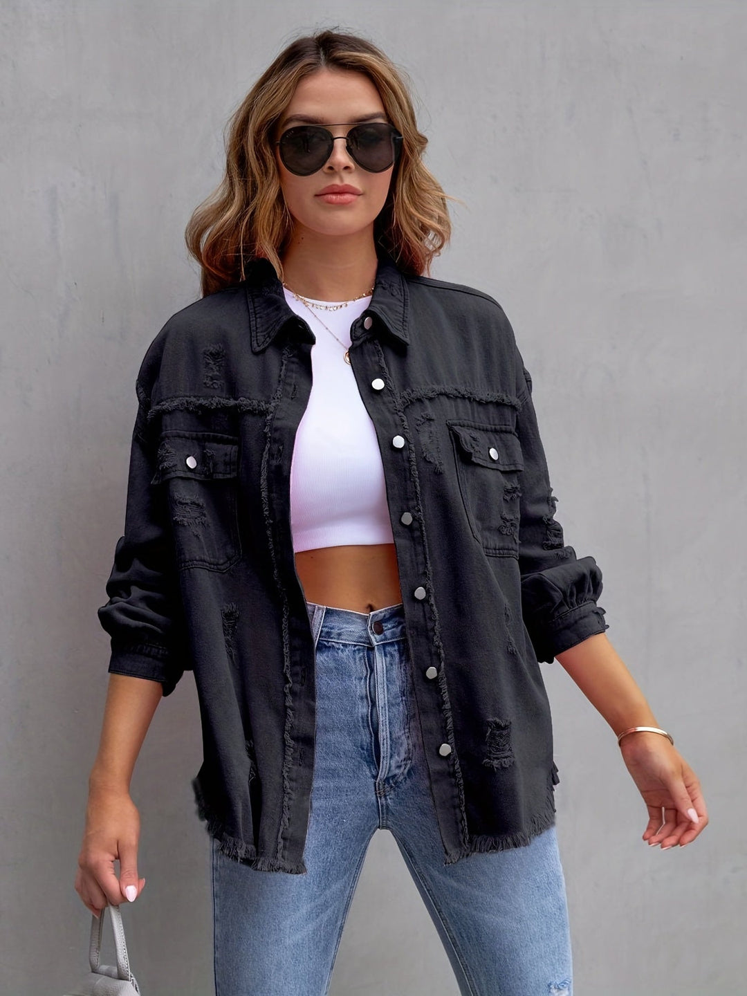 Heidi-Mode | Übergröße Jeansjacke mit Distressed Look Trendiger Denim für Lässige Styles
