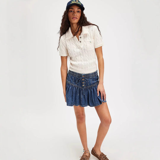 Heidi-Mode | Hoch Taillierter A-Linien Rock aus Jeans mit Falten