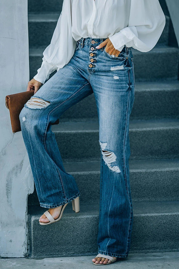 Heidi-Mode | Marcos Hohe Taille Distressed Knopf 90'S Flare Denim