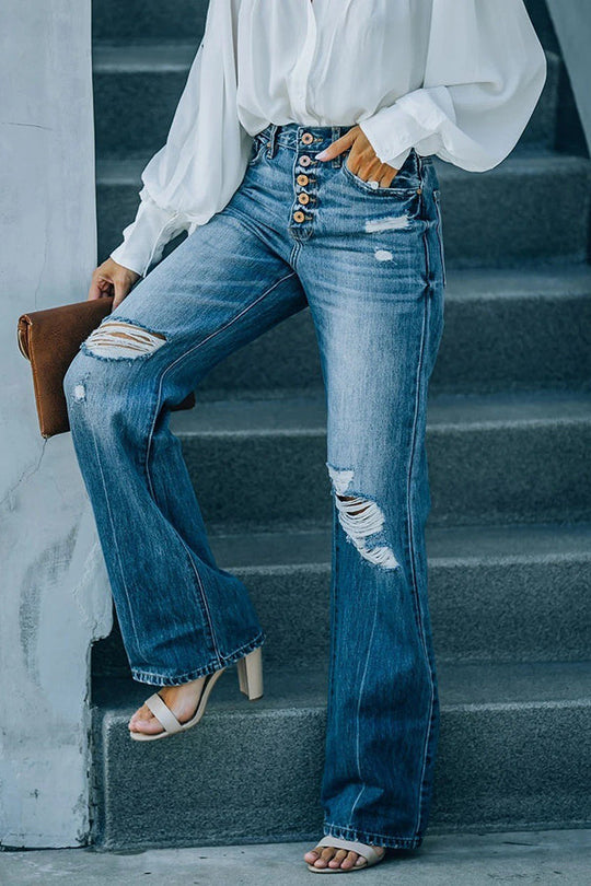 Heidi-Mode | Marcos Hohe Taille Distressed Knopf 90'S Flare Denim