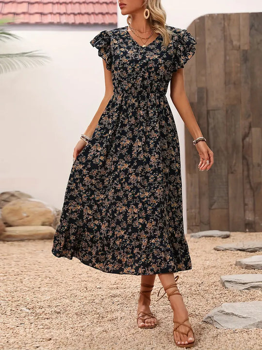 Heidi – Florales Kleid Mit V-ausschnitt Und Eleganten Rüschenärmeln