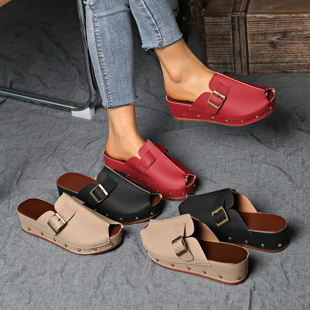 Heidi-Mode | Bequeme Sommerschuhe Auf Plateau mit Riemenverschluss und Offener Zehe