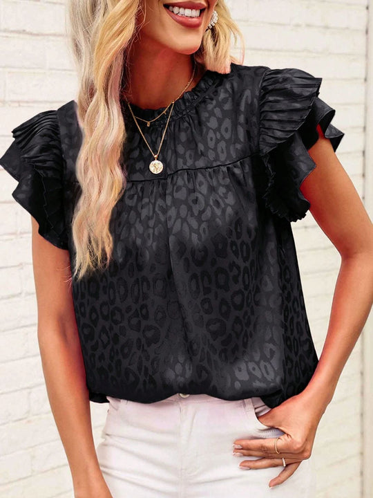 Heidi-Mode | Leopard Frill Mock Neck Rüschenshirt mit Cap Sleeves