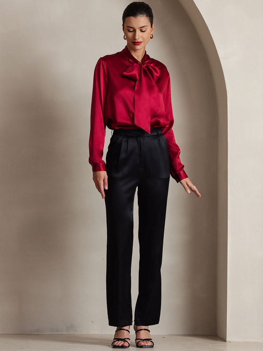 Heidi-Mode | Damen Elegante Seidenbluse mit Schlipskragen und Langen Ärmeln